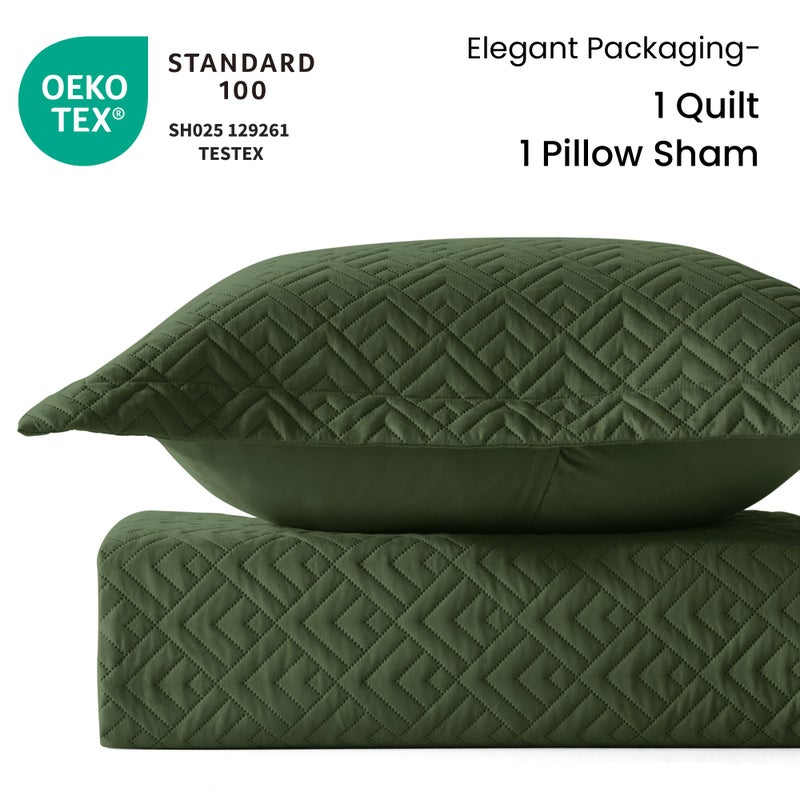 EXQ Home Quilt Set Twin Size Olive Green 2 Piece,Lightweight Soft Coverlet Modern Style Squares Pattern Bedspread Set(1 Quilt,1 Pillow Sham) - Image 3